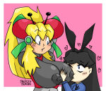 armor arms_behind_head arms_up artist_request big_breasts black_hair black_ribbon blonde_female blonde_hair blue_eyes blush breasts erect_nipples grabbing_breasts green_ribbon hair_between_eyes headphones hearts_around_head hyper_roll_(marvel_vs._capcom) jaleczu long_hair looking_at_partner marvel_vs._capcom marvel_vs._capcom_2 nipples_visible_through_clothing open_mouth pink_background ponytail puffy_nipples ribbon shoulder_armor sidelocks simple_background sucking_nipples suprised tall_female two_tone_hair white_background