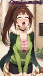 1girl 1girl 1girls 2025 ahegao ai ai_generated anime anime_style artist_name big_breasts big_breasts bike_shorts black_choker black_shorts blush breasts brown_hair building bust cape choker cleavage collarbone cowboy_shot day female_focus female_only fur fur-trimmed_cape fur_collar fur_trim green_cape green_eyes green_jacket heart heart_choker hentai high_ponytail high_quality high_res high_res high_resolution jacket kono_subarashii_sekai_ni_shukufuku_wo! long_hair long_sleeves looking_up medium_breasts natsuyoru non-asian open_mouth oral_invitation outside partially_unzipped patreon pink_shirt ponytail raccoon_tail rin_(konosuba) rolling_eyes saliva saliva_drip shirt short_shorts shorts solo_female stable_diffusion standing striped striped_clothes striped_shirt striped_tail tail teeth tongue tongue_out tshirt v_arms voluptuous voluptuous_female zipper zipper_pull_tab