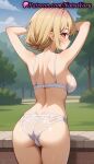 1girl 1girl 1girls 2025 ahoge ai ai_generated anime anime_style arms_up ass ass back bangs bare_arms bare_shoulders big_breasts big_breasts blonde_hair blue_sky blush bra breasts bust closed_mouth cloud covered_nipples cowboy_shot day dimples_of_venus female_focus female_only from_behind hentai high_quality high_res high_res high_resolution juicy_butt lace-trimmed_bra lace-trimmed_panties lace_trim lingerie looking_at_viewer looking_back median_furrow medium_breasts my_deer_friend_nokotan natsuyoru outside panties panties patreon pink_eyes purple_eyes red_eyes see-through shikanoko_nokonoko_koshitantan short_hair shoulder_blades sideboob sky smile solo_female stable_diffusion standing strap_gap string_bra tanukikouji_kinu thigh_gap thighs tree underwear underwear_only voluptuous voluptuous_female white_bra white_panties