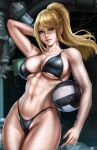 1girl 1girl abs alternate_costume arm_at_side arm_behind_head artist_name athletic_female ball beachball big_breasts bikini black_bikini blonde_hair blue_eyes cleavage collarbone dandon_fuga female_abs fit_female high_res highleg highleg_bikini light lips long_hair looking_at_viewer metroid mole navel nintendo open_mouth parted_lips ponytail samus_aran shadow sideboob smile standing straight_hair swept_bangs swimsuit tall_female thighs toned under_boob