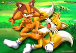 1boy 1girl barefoot bbmbbf blue_eyes blush bracelet breasts chest_tuft cum erect_nipples erect_penis footjob gloves grass horny miles_"tails"_prower mobius_unleashed multiple_tails necklace orange_fur palcomix pendant pietro's_secret_club pussy sega socks sonic_(series) sonic_boom sonic_the_hedgehog_(series) sticks_the_jungle_badger tail toes tongue yellow_fur