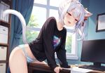 1girl ai_generated black_shirt blue_panties blush cat_ears cat_girl cat_tail desk ember_paradox female_only grinding_pussy indie_virtual_youtuber long_sleeve_shirt masturbation office on_desk panties pussy_juice red_eyes shirt side_ponytail smile solo_female striped_panties virtual_youtuber vtuber white_hair white_panties 