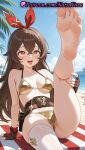 1girl 1girl 1girls 2025 ai ai_generated amber_(genshin_impact) anime anime_style arm_support asian bangs bare_shoulders barefoot beach beach_towel belt big_breasts big_breasts bikini blue_sky blush breasts brown_belt brown_eyes brown_gloves brown_hair bust cameltoe cloud collarbone crossed_bangs day feet female_focus female_only fingerless_gloves foot_fetish foot_focus foot_out_of_frame foreshortening genshin_impact gloves gold_bikini hair_between_eyes hair_bow hair_ribbon hairband halterneck heart heart-shaped_pupils hentai high_quality high_res high_res high_resolution leg_lift legs lipstick long_hair looking_at_viewer makeup medium_breasts micro_bikini natsuyoru ocean open_mouth outside palm_tree patreon pouch pov_feet presenting_foot red_hairband red_ribbon ribbon sand shiny single_thighhigh sitting sky smile soles solo_female stable_diffusion stockings string_bikini sweat swimsuit symbol-shaped_pupils thighs toes tongue tongue_out towel voluptuous voluptuous_female water wet white_thighhighs yellow_bikini