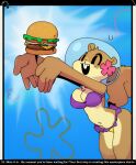 1girl anthro bra breasts brown_fur burger comic dialogue female flower fluffy_tail food furry gats happy helmet mammal nickelodeon open_mouth rodent sandy_cheeks solo solo_female spongebob_squarepants squirrel tail tree_squirrel underwater