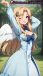 1girl 1girls 2025 ahoge ai_generated angel_wings anime anime_style arm_up arms_up bangs big_breasts bird_wings blonde_hair blue_bow blue_bowtie blue_dress blue_eyes blush bow bowtie breasts bust cleavage day dress feathered_wings female_focus female_only filo_(tate_no_yuusha_no_nariagari) forest hair_intakes hair_ornament hentai high_quality high_res high_resolution long_hair long_sleeves looking_at_viewer medium_breasts natsuyoru nature one_eye_closed outside parted_bangs patreon smile solo_female stable_diffusion stretching tate_no_yuusha_no_nariagari the_rising_of_the_shield_hero tongue tongue_out tree very_long_hair voluptuous voluptuous_female white_dress white_wings wings