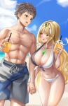 abs beach big_breasts bikini blonde_hair brown_hair cleavage core_crystal drink holding_hands midriff muscular_male mythra nintendo older rex_(xenoblade) straight swimming_trunks swimsuit whitepakaillust xenoblade_(series) xenoblade_chronicles_2 yellow_eyes