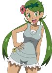 :d artist_request blush clothed clothed_female cute dark-skinned_female dark_skin flower green_eyes green_hair hair_flower hand_on_hip happy hips looking_at_viewer mallow mallow_(pokemon) mao_(pokemon) medium_breasts overalls pokemon pokemon_(anime) pokemon_sm shorts smile tan tan_skin twin_tails