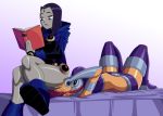 2girls big_breasts book breasts dc dc_comics facesitting female female_only leotard raven_(dc) ravenravenraven sitting sitting_on_face starfire teen_titans yuri