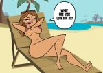 1girl 2d areola big_breasts brown_hair dzk erect_nipples female_focus female_only hourglass_figure light-skinned_female light_skin long_hair nipples nude nude_female nudity outside outside speech_bubble sunbathing tan tan_body tan_skin taylor_(tdi) the_ridonculous_race total_drama_island wide_hips