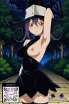 1girl 1girl 1girl ai_generated armpits arms_up bangs bare_shoulders big_breasts black_dress black_legwear black_thighhighs blush breast_slip breasts clothing dress hair_between_eyes hat headwear legwear littlehentai looking_at_viewer medium_breasts moon night night_sky nipples no_bra outside purple_hair savitar savitar_(artist) short_hair sky sleeveless small_breasts stockings tree witch witch_hat yellow_eyes zettai_ryouiki