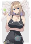 1girl 1girl alluring arm_under_breasts bare_shoulders belt big_breasts black_belt black_bodysuit black_choker blue_eyes blue_pupils bodysuit breast_tattoo brown_hair choker cleavage covered_navel eunie_(xenoblade) grey_background head_wings high_res long_hair looking_at_viewer medium_hair simple_background smile tattoo wabimochi white_wings wings xenoblade_(series) xenoblade_chronicles_3