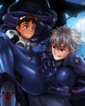 2_boys 69 69_position ball_caress bludwing brown_hair kaworu_nagisa naughty_face neon_genesis_evangelion penis_grab plugsuit shinji_ikari white_hair yaoi