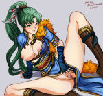 1girl alternate_costume artist_name big_breasts blush breasts dated female_only female_solo fire_emblem fire_emblem_blazing_sword fire_emblem_heroes green_eyes green_hair grin half-closed_eyes high_ponytail legs long_hair looking_at_viewer lyn lyndis lyndis_(fire_emblem) lynette_bishop mina_cream nintendo nipples official_alternate_costume parted_lips ponytail pussy sitting smile spread_legs tied_hair uncensored very_long_hair