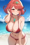 1girl 1girl absurd_res adjusting_hair alluring bare_shoulders beach big_breasts bikini blush cleavage commentary_request earrings heroine high_res jewelry looking_at_viewer milf namu_(112namu) navel ocean orange_eyes pyra red_bikini red_hair short_hair smile swept_bangs swimsuit tiara wide_hips xenoblade_(series) xenoblade_chronicles_2