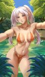 1girl alluring bikini elf elf_ears forest frieren green_eyes lake medium_breasts pointy_ears sousou_no_frieren twin_tails ultrabinou watermark white_hair