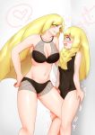 aether_foundation against_wall big_breasts bikini black_bikini black_swimsuit breasts cleavage daughter heart imminent_sex incest lillie lillie_(pokemon) lusamine milf mother*daughter mother_&_daughter nervous one-piece_swimsuit pokemon pokemon_sm scared smile smirk swimsuit usagiforehead wall yuri