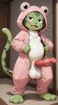  1girl 3_toes 5_fingers absurd_res ai_generated animal_genitalia animal_penis anthro balls belly big_balls big_penis blush blush_lines bodily_fluids erection exceed eyebrows fairy_tail feet felid feline_genitalia feline_penis fingers frog_costume frosch_(fairy_tail) fur furry_balls genital_fluids genitals green_body green_fur half-closed_eyes high_res huge_balls huge_penis leaking_precum long_tail looking_at_viewer male mammal medial_ring narrowed_eyes neck_tuft open_mouth open_smile penile_spines penis precum precum_on_ground sheath smile smiling_at_viewer standing stripping tail toes tuft unzipped whiskers white_belly yiff_ai_(director) 