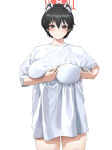 1girl 1girl absurd_res alternate_costume animal_ears bear_ears bear_girl big_breasts black_eyes black_hair blue_archive blush breast_press breasts closed_mouth commentary cowboy_shot extra_ears halo high_res looking_at_viewer oversized_clothes oversized_shirt red_halo shirt simple_background tsubaki_(blue_archive) white_background white_shirt wonbin_lee