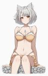 1girl 1girl alluring animal_ear_fluff animal_ears armpit_crease big_breasts bikini blush cat_ears cat_girl closed_mouth collarbone commentary_request dot_nose grey_hair high_res mio_(xenoblade) navel o-ring o-ring_bikini okazu2010015 short_hair simple_background sitting skindentation smile swimsuit white_background xenoblade_(series) xenoblade_chronicles_3 yellow_bikini yellow_eyes