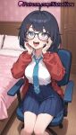 1girl 1girl 1girls 2025 ahegao ahoge ai ai_generated anime anime_style bangs bed bedroom big_breasts big_breasts black-framed_eyewear black_hair blouse blue_eyes blue_hair blue_necktie blue_skirt blush breasts bust cardigan chair collared_shirt door female_focus female_only glasses hair_clips hair_ornament hairclip hands_on_own_cheeks hands_on_own_face heart heart-shaped_pupils hentai high_quality high_res high_res high_resolution indoors jacket long_sleeves looking_at_viewer medium_breasts megane mila_(miside) miside mita_(miside) natsuyoru neck_tie office_chair on_bed on_chair open_cardigan open_clothes open_mouth patreon pillow pleated_skirt red_cardigan red_jacket school_uniform shirt shirt_tucked_in short_hair sitting skirt smile solo_female stable_diffusion swivel_chair symbol-shaped_pupils teeth tie tongue tongue_out upper_teeth_only voluptuous voluptuous_female white_shirt wooden_floor