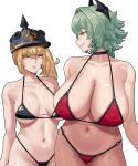 2_girls absurd_res arapanchi big_breasts bikini black_bikini black_choker blonde_hair breasts caesar_king_(zenless_zone_zero) choker green_hair hat high_res horns hoyoverse huge_breasts luciana_de_montefio meme mihoyo mom_and_her_daughter_(meme) multiple_girls navel orange_eyes red_bikini simple_background stomach swimsuit white_background zenless_zone_zero