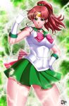 1girl 1girl alluring big_breasts bishoujo_senshi_sailor_moon brown_hair green_eyes jadenkaiba lightning makoto_kino ponytail sailor_jupiter tiara