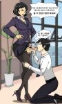  1boy 1futa black_hair fellatio futadom futanari futanari_on_male futanari_with_male hands_on_hips highres office_lady oral pantyhose stockings 