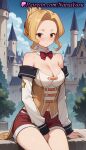 1girl 1girl 1girls 2025 ai ai_generated anime anime_style bare_shoulders between_legs big_breasts big_breasts blonde_hair blouse blue_sky blush bow bowtie breasts brown_eyes building bust castle cleavage closed_mouth cloud collarbone corset cowboy_shot day detached_collar detached_sleeves female_focus female_only folded_ponytail forehead hand_between_legs hentai high_quality high_res high_res high_resolution kono_subarashii_sekai_ni_shukufuku_wo! long_sleeves looking_at_viewer luna_(konosuba) medium_breasts natsuyoru off-shoulder_shirt off_shoulder outside parted_bangs patreon red_bow red_bowtie red_shorts shirt short_shorts shorts sidelocks sitting skirt sky solo_female stable_diffusion thighs tree voluptuous voluptuous_female white_shirt