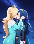 2girls ai_generated blonde_hair blue_hair closed_eyes crossover fire_emblem fire_emblem_awakening kissing lucina lucina_(fire_emblem) night nintendo princess_rosalina rosalina starry_sky super super_mario_bros. super_mario_galaxy tagme yuri