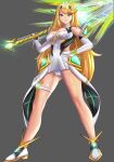  1girl alluring artist_name big_breasts blonde_hair cameltoe gloves grin hand_on_own_hip high_res langspower legs long_hair looking_at_viewer mythra panties pantyshot smile sword thighs underwear weapon white_panties xenoblade_(series) xenoblade_chronicles_2 