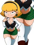 absolute_territory bare_midriff big_breasts blonde_hair cleavage earrings hairband hey_arnold! long_sleeves looking_at_viewer midriff miniskirt neckline olga_pataki open_clothes short_hair stockings thick_thighs vest