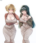 2_girls absurd_res artist_name astra_yao big_breasts black_hair blonde_hair breasts cleavage commentary dongtan_dress dress english_commentary evelyn_chevalier grey_dress hairband high_res long_hair looking_at_viewer meme_attire multiple_girls purple_eyes ryonikos short_hair simple_background white_background white_hairband zenless_zone_zero