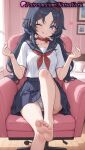 1girl 1girl 1girls 2025 ai ai_generated anime anime_style armchair bangs bare_legs barefoot big_breasts black_hair blue_eyes blue_hair blue_panties blue_sailor_collar blue_skirt blush breasts bust chair choker closed_mouth collarbone couch crazy_mita_(miside) curtains feet female_focus female_only finger_heart foot_fetish foot_focus foot_out_of_frame hair_ornament hair_scrunchie hairband hairclip hands_up heart hentai high_quality high_res high_res high_resolution indoors knee_up legs lipstick long_hair looking_at_viewer low_twintails medium_breasts miniskirt miside mita_(miside) natsuyoru neckerchief on_chair one_eye_closed pale_skin panties panties pantyshot parted_bangs patreon pillow pleated_skirt pov_feet presenting_foot red_choker red_hairband red_neckerchief sailor_collar sailor_uniform school_uniform scrunchie serafuku shirt short_sleeves sitting skirt smile soles solo_female stable_diffusion striped striped_clothes striped_panties swivel_chair thighs toenails toes tongue tongue_out twin_tails underwear voluptuous voluptuous_female white_shirt window wooden_floor