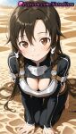 1girl 1girl 1girls 2025 ai ai_assisted ai_generated all_fours anime anime_style armor asian bangs barefoot beach big_breasts big_breasts black_hair black_jacket black_pants blush breastplate breasts brown_eyes brown_hair bust cleavage cleavage_cutout closed_mouth clothing_cutout day desert earrings female_focus female_only full_body gun_gale_online hair_between_eyes hair_ornament hair_ribbon hentai high_quality high_res high_res high_resolution kirigaya_kazuto kirito kirito_(sao-ggo) long_hair long_sleeves looking_at_viewer medium_breasts natsuyoru outside pants patreon ribbon sand smile solo_female stable_diffusion sunlight sword_art_online thigh_gap very_long_hair voluptuous voluptuous_female