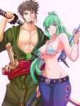 1boy 1girl aqua_eyes aqua_hair bare_pectorals big_breasts bikini bikini_top_only brown_hair canon_couple cosplay cowboy_shot facial_hair goatee grin high_res husband_and_wife katana long_hair nami_(one_piece)_(cosplay) one_eye_closed one_piece opalis opalisart over_shoulder pectorals pneuma_(xenoblade) ponytail rex_(xenoblade) roronoa_zoro_(cosplay) scar scar_across_eye scar_on_chest second-party_source simple_background smile swimsuit sword very_long_hair weapon weapon_over_shoulder white_background xenoblade_(series) xenoblade_chronicles_2 xenoblade_chronicles_3 yellow_eyes