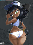 1girl ass black_hair cap clothed clothing dark_skin digital_drawing_(artwork) digital_media_(artwork) fanart female_only freckles glitch_productions green_eyes hat human jackintaro looking_at_viewer looking_back murder_drones ribbon ribbons simple_background smile tessa_elliot underwear