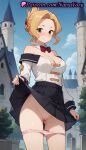 1girl 1girl 1girls 2025 ai ai_generated anime anime_style artist_name ass_visible_through_thighs bare_shoulders big_breasts big_breasts black_skirt blonde_hair blue_sky blush bow bow_panties bowtie breasts brown_eyes building bust castle cleavage cleft_of_venus closed_mouth clothes_lift cloud collar cowboy_shot day detached_collar female_focus female_only folded_ponytail forehead hair_intakes hentai high_quality high_res high_res high_resolution kono_subarashii_sekai_ni_shukufuku_wo! lifted_by_self long_sleeves looking_at_viewer luna_(konosuba) medium_breasts miniskirt natsuyoru nose_blush off-shoulder_shirt off_shoulder outside paipan panties panties panty_pull parted_bangs patreon pink_panties pleated_skirt public_indecency pussy pussy red_bow red_bowtie school_uniform shaved_vagina shirt short_hair sidelocks skirt skirt_lift sky smile solo_female stable_diffusion standing thighs tied_hair tree uncensored underwear voluptuous voluptuous_female white_shirt