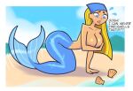 1girl 1girl beach big_breasts blonde_hair blue_eyes blue_tail breasts covering covering_breasts fish_tail hair lindsay_(tdi) long_hair looking_down mermaid monster_girl png seashell tail text total_drama_island