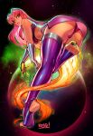 1_girl 1girl alien alien_girl ass clothed dc dc_comics female female_alien female_only high_resolution legwear long_hair looking_at_viewer purple_legwear reiq seductive_smile skirt smile solo space starfire superheroine teen_titans teen_titans_go thong