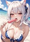 1girl ai_generated beach big_breasts bikini blue_bikini blush breasts cat_ears cat_girl cleavage ember_paradox female_only indie_virtual_youtuber licking_popsicle outside popsicle red_eyes side_ponytail solo_female tongue virtual_youtuber vtuber white_hair