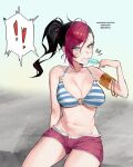 ! !! 1girl 1girl ^^^ anger_vein arm_behind_back armlet bare_shoulders big_breasts bikini bikini_top_only biting black_hair blue_eyes breasts cleavage commentary commission english_commentary fiora_(league_of_legends) food godekasu hand_up high_res holding jewelry league_of_legends looking_at_viewer multicolored_hair navel o-ring o-ring_top pink_hair ponytail popsicle red_shorts short_shorts shorts sitting spoken_exclamation_mark striped_bikini striped_clothes sweat swimsuit twitter_username two-tone_hair v-shaped_eyebrows