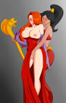 2_girls aladdin_(1992_disney_film) aladdin_(series) arm_behind_back bare_legs bare_shoulders big_breasts black_hair breasts breasts_out_of_clothes breasts_outside cleavage collarbone couple crossover dark-skinned_female dark_skin disney dress duo earrings elbow_gloves eyeshadow female_only femdom femsub fingering fingering_another fingering_partner gloves grey_background grin hair_over_one_eye high_ponytail holding holding_object holding_staff interracial jessica_rabbit jewelry legs lezdom lips lipstick long_dress long_hair looking_at_another makeup midriff mind_control multiple_girls mutual_yuri neck nipples oo_sebastian_oo parted_lips ponytail princess_jasmine purple_eyeshadow purple_gloves red_dress red_hair red_lipstick red_tubetop side_slit smile staff standing straight_hair strapless strapless_dress tied_hair tubetop who_framed_roger_rabbit yuri