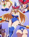 1boy 1girl :d \m/ android animal_ears armor ass bare_shoulders berkana_(mega_man_x_character) big_ass big_breasts blonde blonde_female blonde_hair blue_hat blue_leotard blue_thighhighs blush breasts bunny_tail bunnysuit character_request chest_jewel choker clenched_teeth commentary_request copyright_request covered_eyes covered_navel detached_collar detached_sleeves ears_through_headwear easter english_text floating gareth_(mega_man) hair_between_eyes hat headphones helmet helmet_over_eyes high_res joints large_ass leotard long_hair mega_man_(series) mega_man_x mega_man_xtreme_2 multiple_views nobuyu_(77yusei) open_mouth outline playboy_bunny purple_eyes rabbit_ears rabbit_tail robot_ears robot_joints smile staff stockings strapless strapless_leotard sweat tail teeth text upper_teeth_only very_long_hair white_outline wide_hips witch witch_hat wrist_cuffs