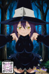 1girl 1girl 1girl :3 ai_generated bangs bare_shoulders big_breasts black_dress black_headwear black_legwear black_thighhighs blush breasts closed_mouth clothing detached_sleeves dress elbow_gloves forest gloves hair_between_eyes halloween hat headwear legwear littlehentai long_hair looking_at_viewer moon nature night night_sky outside pov purple_hair savitar savitar_(artist) sky smile spellcaster standing stockings thighs tree witch witch_hat yellow_eyes zettai_ryouiki