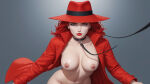 1girl big_breasts blue_eyes carmen_sandiego female_only fit_female gray_background hat human light-skinned_female nipples nude red_hair red_jacket redhead secsmurphyai spy video_game_character where*_is_carmen_sandiego* where_in_the_world_is_carmen_sandiego