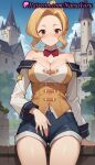 1girl 1girl 1girls 2025 ai ai_generated anime anime_style bare_shoulders big_breasts big_breasts blonde_hair blue_shorts blue_sky blush bow bowtie breasts brown_eyes bust castle cleavage closed_mouth cloud corset cowboy_shot day denim denim_shorts detached_collar detached_sleeves female_focus female_only folded_ponytail forehead hentai high_quality high_res high_res high_resolution kono_subarashii_sekai_ni_shukufuku_wo! long_sleeves looking_at_viewer luna_(konosuba) natsuyoru off-shoulder_shirt off_shoulder outside patreon red_bow red_bowtie shirt short_hair short_shorts shorts sitting sky smile solo_female stable_diffusion thighs voluptuous voluptuous_female