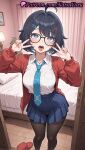 1girl 2025 ahegao ahoge ai_generated anime anime_style bangs bed bedroom big_breasts black-framed_eyewear black_hair black_pantyhose blue_eyes blue_hair blue_necktie blue_skirt blush breasts bust cardigan clothing collared_shirt crotchless curtains double_v female_focus female_only female_solo glasses hair_clips hair_ornament hairclip heart heart-shaped_pupils hentai high_quality high_res high_resolution indoors jacket lamp legwear long_sleeves looking_at_viewer mila_(miside) miniskirt miside mita_(miside) natsuyoru neck_tie open_cardigan open_clothes open_mouth pantyhose patreon plant pleated_skirt red_cardigan red_jacket school_uniform shirt shirt_tucked_in short_hair skirt slippers solo_female stable_diffusion standing symbol-shaped_pupils thighband_pantyhose tie tongue tongue_out upper_teeth_only voluptuous voluptuous_female white_shirt wooden_floor