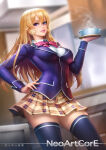 1girl big_breasts breasts female_only female_solo indoors kitchen legs long_hair looking_at_viewer medium_breasts miniskirt nakiri_erina neoartcore orange_hair pleated_skirt purple_eyes school_uniform shokugeki_no_souma skirt standing stockings straight_hair thick_thighs thighs