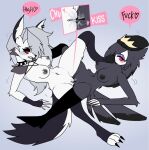 1girl 2_girls anthro avian avian_humanoid bird breasts canid canid_demon canine carliabot demon english_text fur furry goth hellhound helluva_boss loona_(helluva_boss) multicolored_fur mythological_canine mythological_creature mythology nude octavia_(helluva_boss) owl owl_demon pussy pussy_juice red_eyes rubbing_pussy sound_effects speech_bubble text_bubble tribadism vivienne_medrano wolf_humanoid yuri