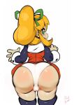 ass ass_focus blonde_hair blush exposed_ass green_eyes green_ribbon huge_ass huge_legs long_hair long_sleeves looking_at_viewer looking_back mega_man_(series) miniskirt panties pussy_visible_through_panties red_miniskirt ribbon roll_(rockman) showing_ass sidelocks stockings thick_thighs